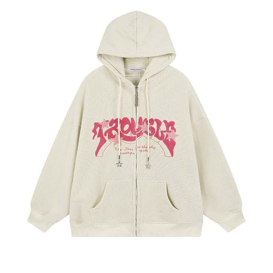OATSBAS Y2K Zip Up Hoodie for Women Men Letter Print Star Graphic Grunge Hooded Corduroy Sweatshirt Jacket (Large,Beige)