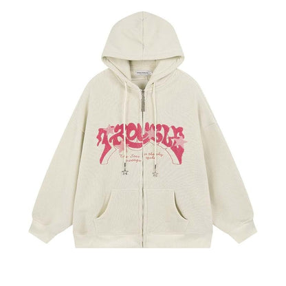 OATSBAS Y2K Zip Up Hoodie for Women Men Letter Print Star Graphic Grunge Hooded Corduroy Sweatshirt Jacket (Medium,Grey)