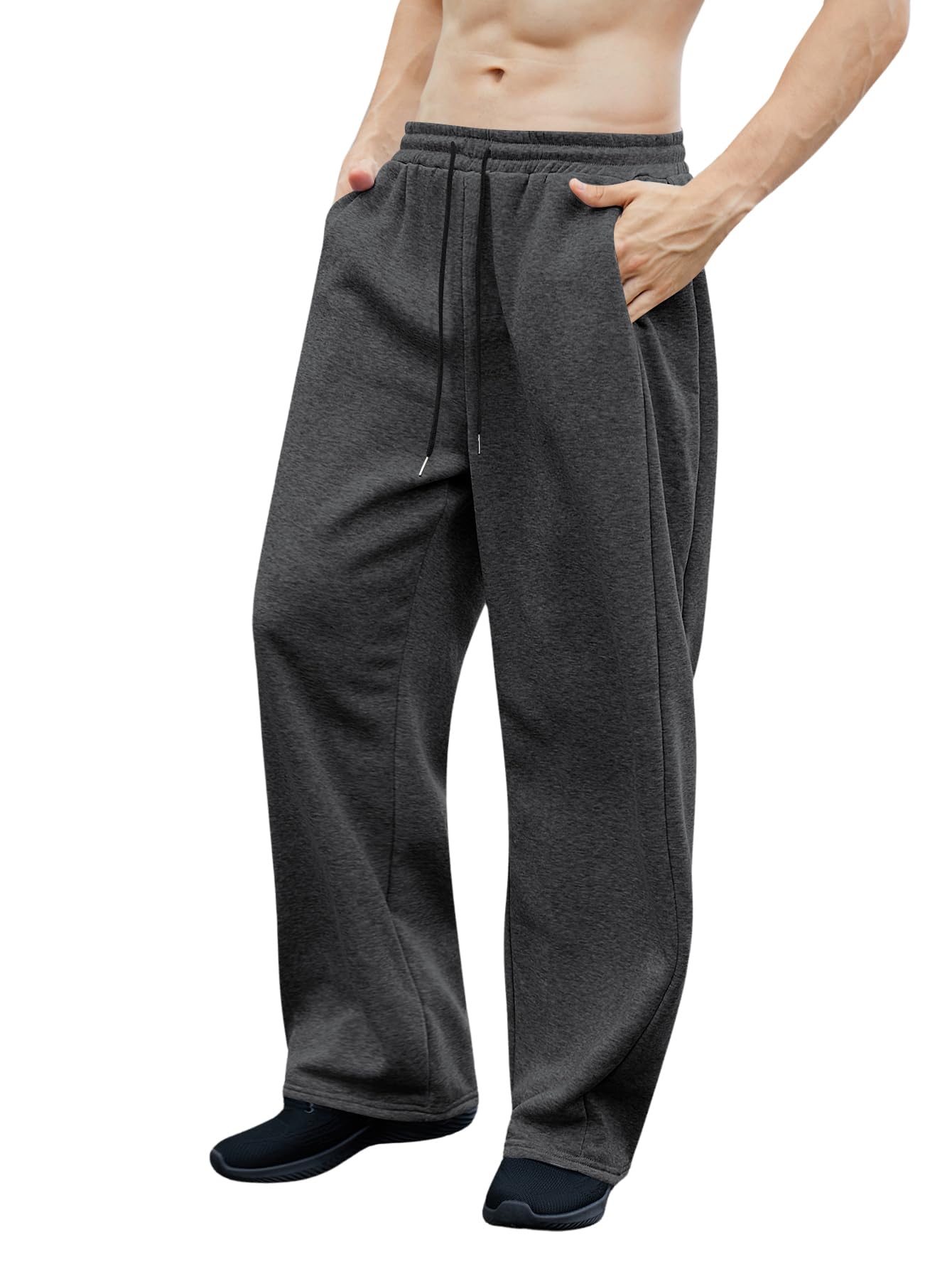 OYOANGLE Men's Drawstring Waist Straight Wide Leg Baggy Pants Workout Athletic Sweatpants with Pocket Grey L
