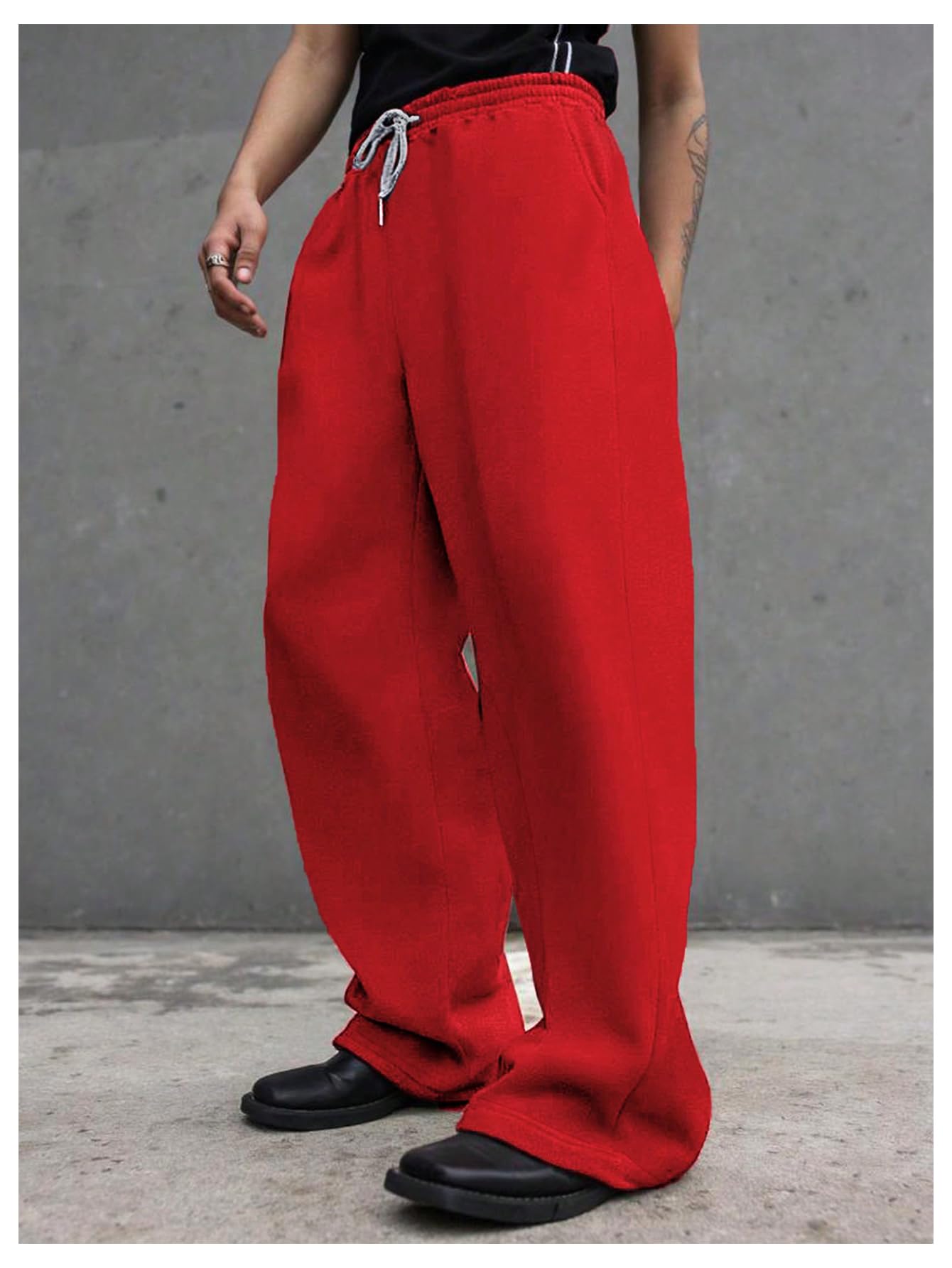 OYOANGLE Men's Drawstring Waist Straight Wide Leg Baggy Pants Workout Athletic Sweatpants with Pocket Grey L