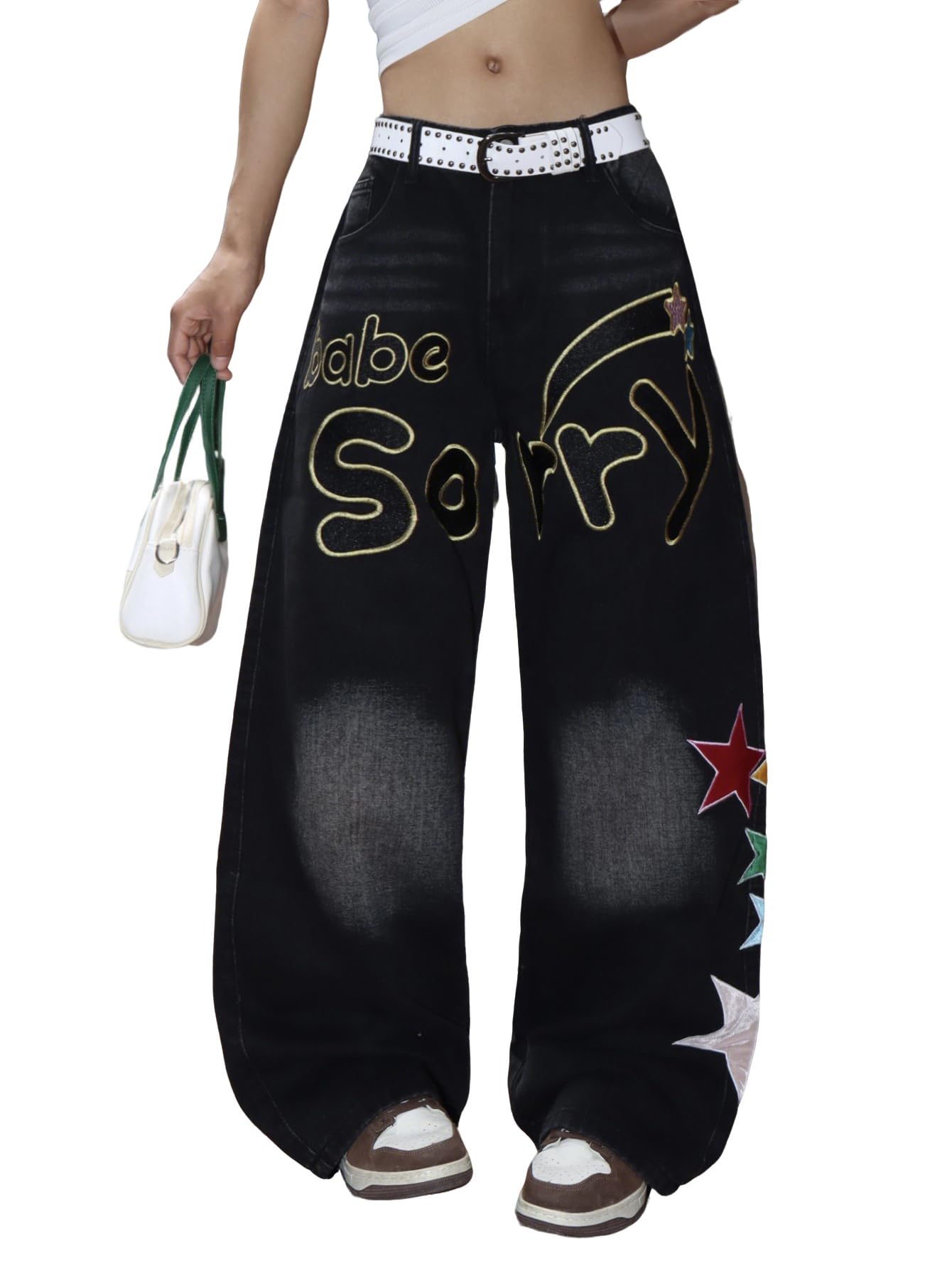 OYICAI Womens Baggy Jeans Wide Leg Denim Pants Y2k 90s Vintage Hip Hop Loose Long Trousers Streetwear High Waist Retro Casual 2000s Oversized Extreme Motion Jinco Skater,H28 Black,Large
