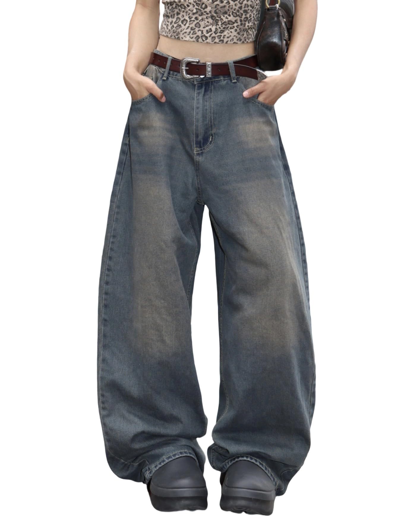 OYICAI Womens Baggy Jeans Wide Leg Denim Pants Y2k 90s Vintage Hip Hop Loose Long Trousers Streetwear High Waist Retro Casual 2000s Oversized Extreme Motion Jinco Skater,H28 Black,Large