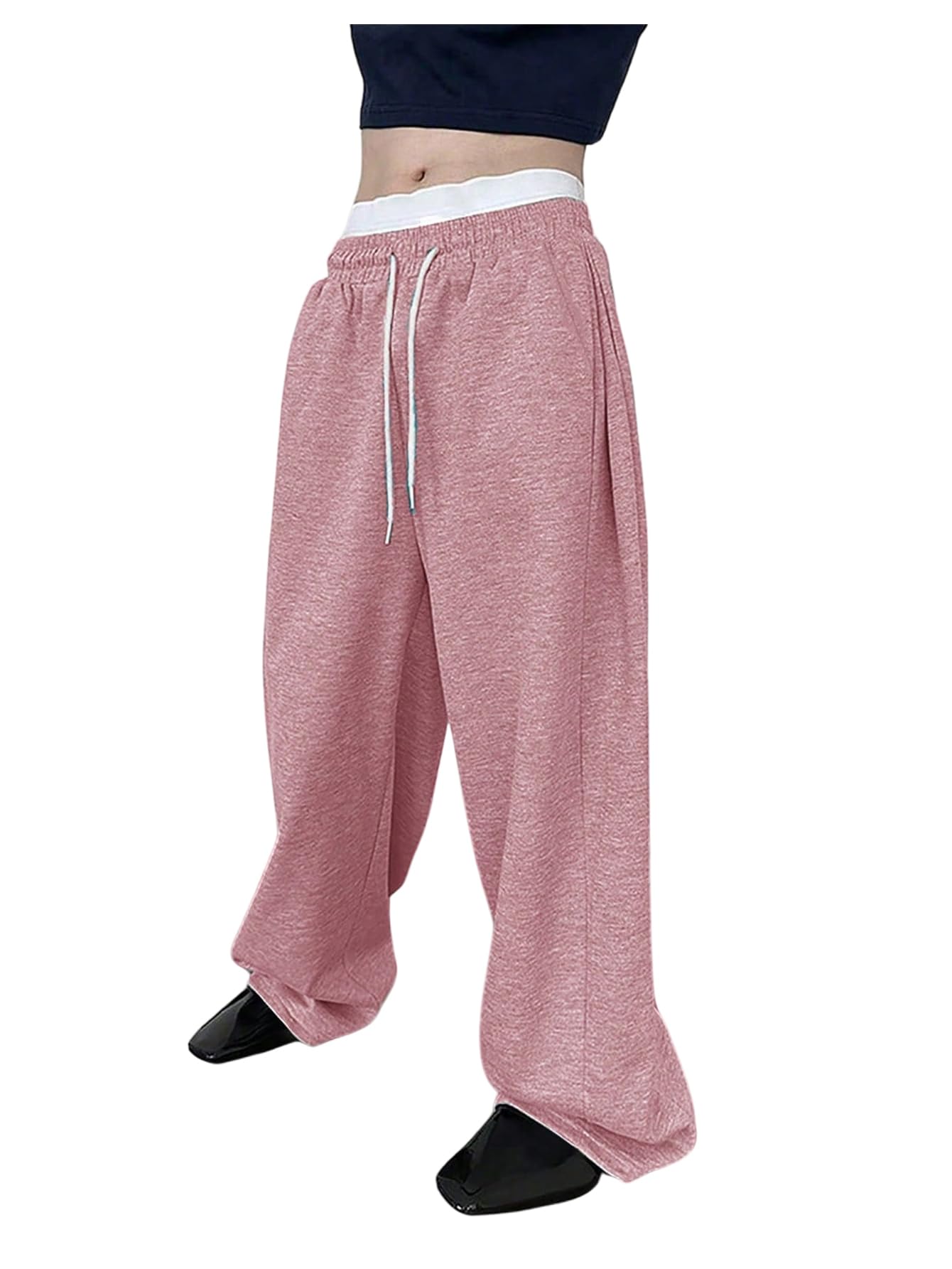 OYOANGLE Men's Drawstring Waist Straight Wide Leg Baggy Pants Workout Athletic Sweatpants with Pocket Grey L