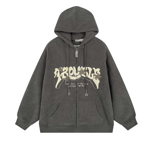 OATSBAS Y2K Zip Up Hoodie for Women Men Letter Print Star Graphic Grunge Hooded Corduroy Sweatshirt Jacket (Medium,Grey)