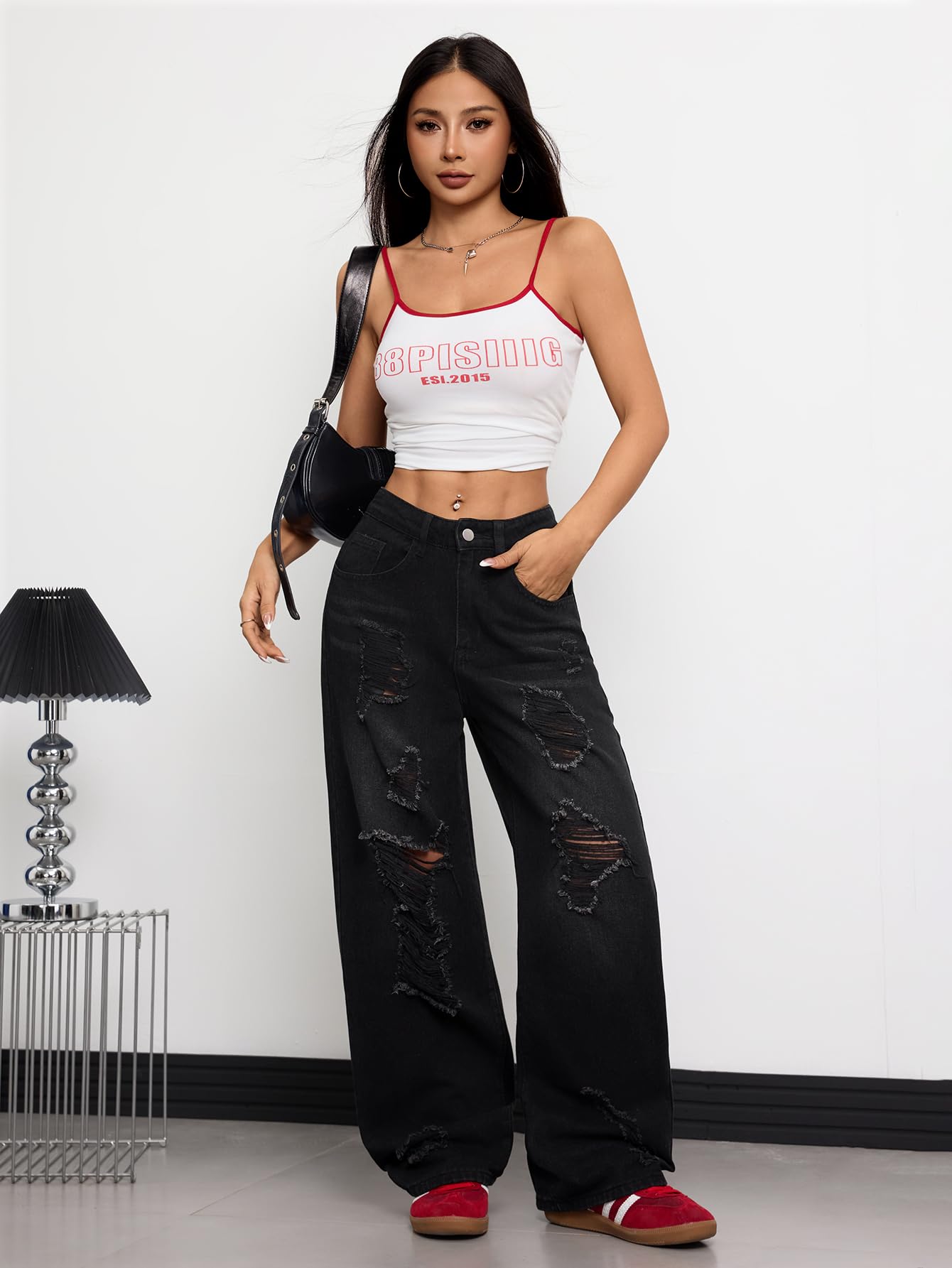 OYICAI Womens Baggy Jeans Wide Leg Denim Pants Y2k 90s Vintage Hip Hop Loose Long Trousers Streetwear High Waist Retro Casual 2000s Oversized Extreme Motion Jinco Skater,H28 Black,Large