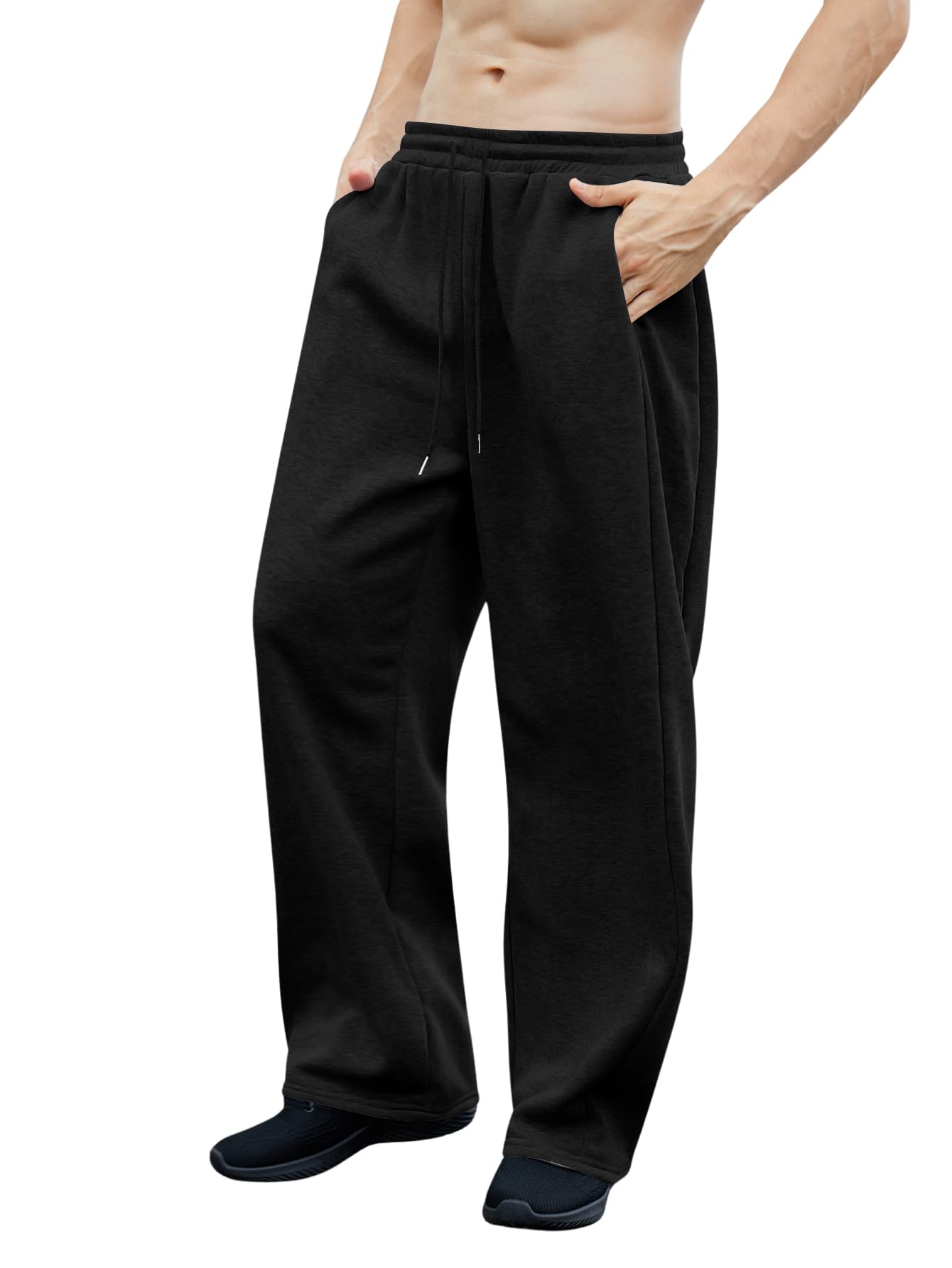 OYOANGLE Men's Drawstring Waist Straight Wide Leg Baggy Pants Workout Athletic Sweatpants with Pocket Grey L