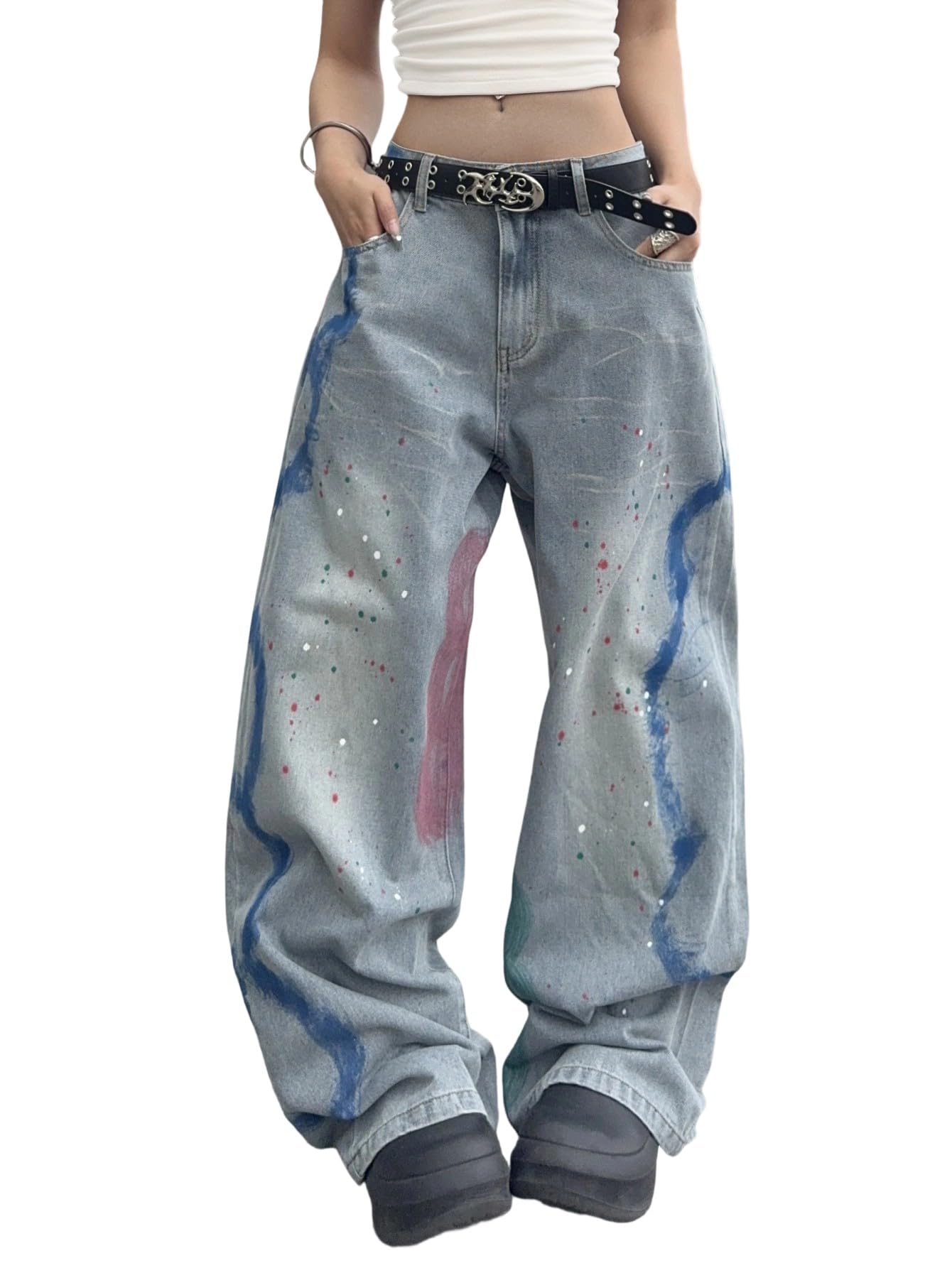 OYICAI Womens Baggy Jeans Wide Leg Denim Pants Y2k 90s Vintage Hip Hop Loose Long Trousers Streetwear High Waist Retro Casual 2000s Oversized Extreme Motion Jinco Skater,H28 Black,Large