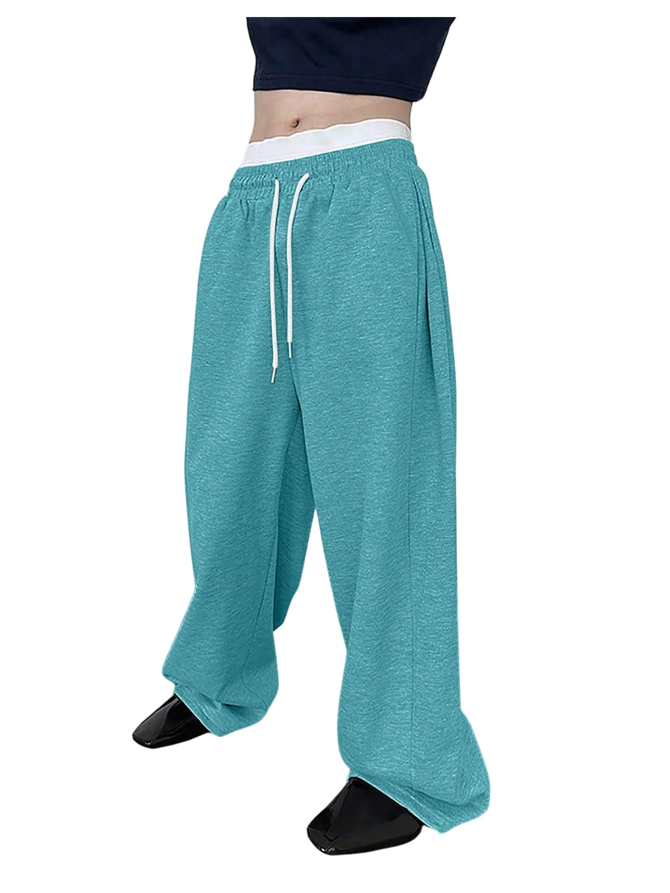OYOANGLE Men's Drawstring Waist Straight Wide Leg Baggy Pants Workout Athletic Sweatpants with Pocket Grey L