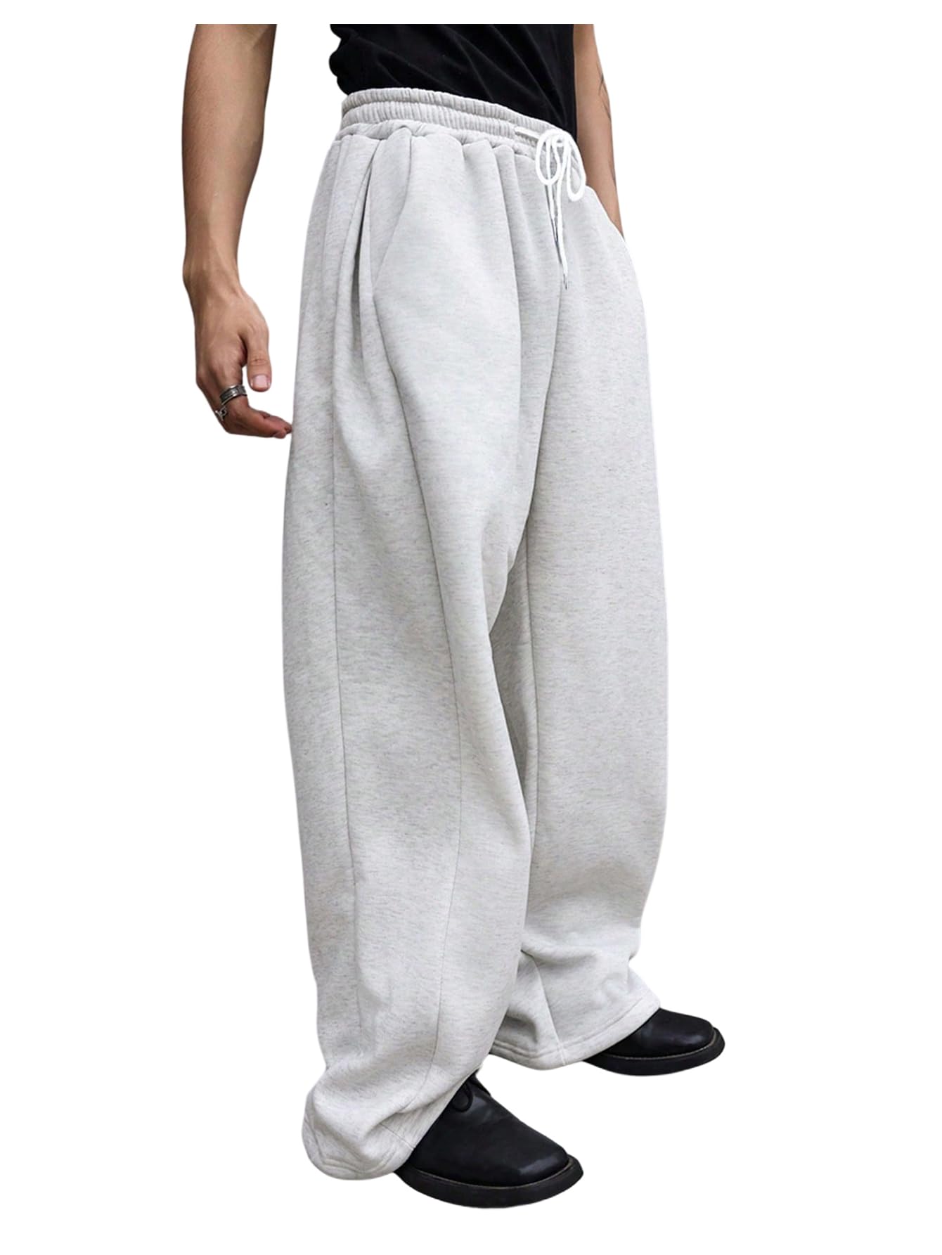 OYOANGLE Men's Drawstring Waist Straight Wide Leg Baggy Pants Workout Athletic Sweatpants with Pocket Grey L