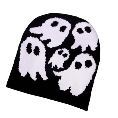 Y2K Beanie for Teenager Halloween Grunge Knitted Skull Cap Ghost Slouchy Emo Crochet Accessories Warm Winter Hat (White)