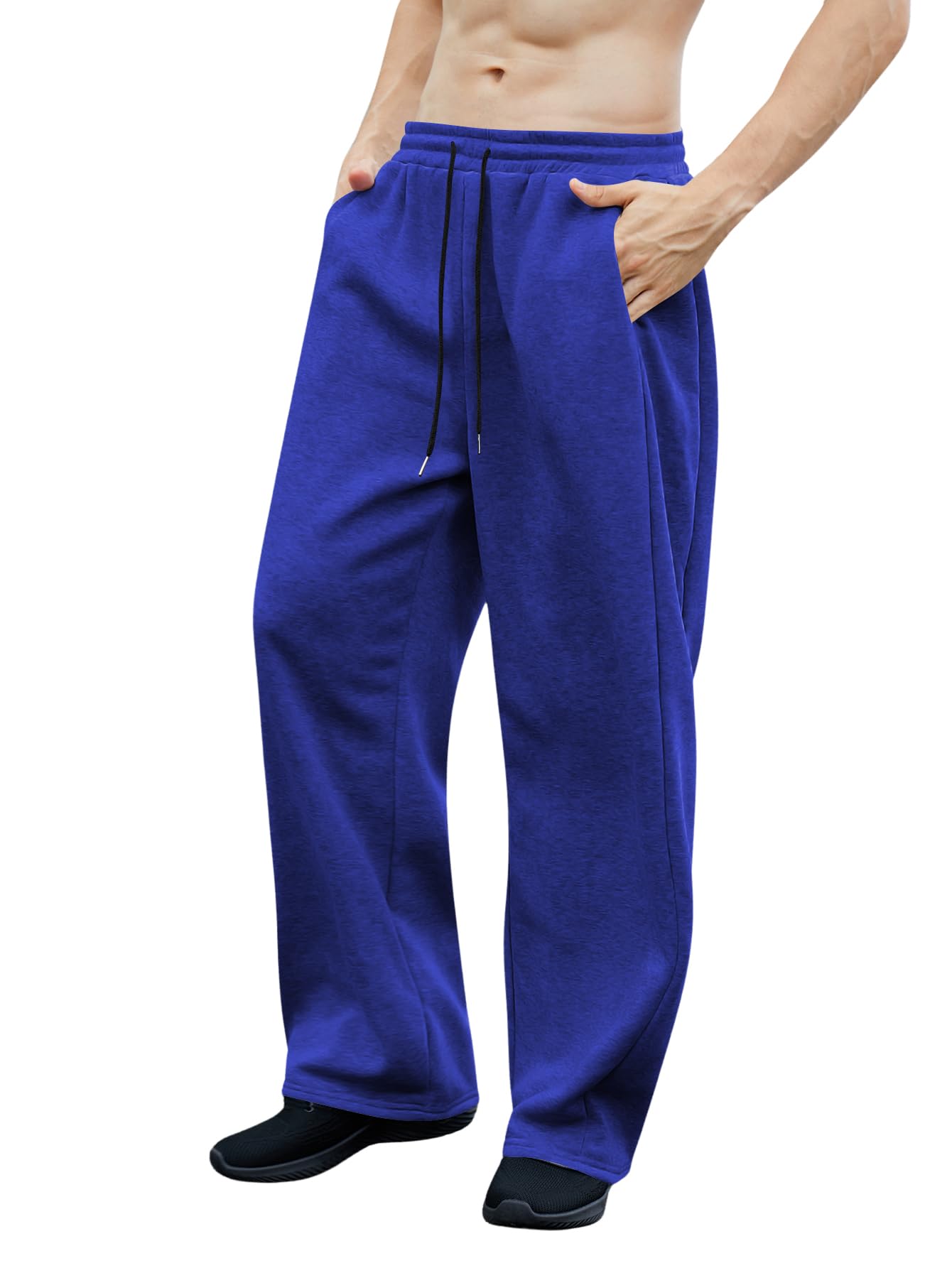 OYOANGLE Men's Drawstring Waist Straight Wide Leg Baggy Pants Workout Athletic Sweatpants with Pocket Grey L