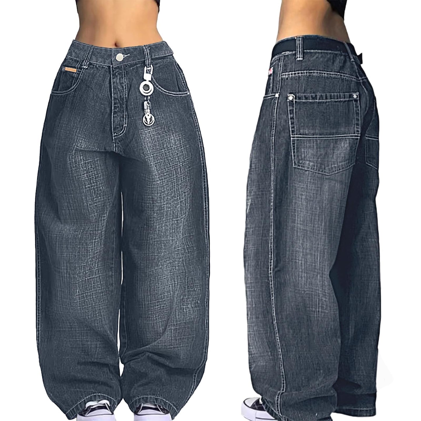 EMMIOL Women Hip Hop Baggy Jeans Wide Leg Mid-Low Waist Jeans Loose Boyfriends Pants 90s Vintage Denim Pants,Back-to-School Outfit
