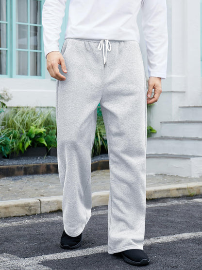 OYOANGLE Men's Drawstring Waist Straight Wide Leg Baggy Pants Workout Athletic Sweatpants with Pocket Grey L