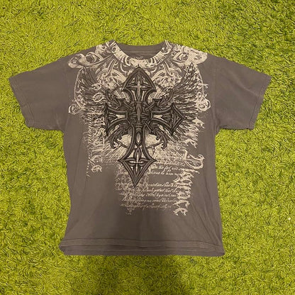 Men's Y2K Vintage T-Shirt Gothic Cross Graphic Print T-Shirt Round Neck Short Sleeve Tops (Medium,Brown)