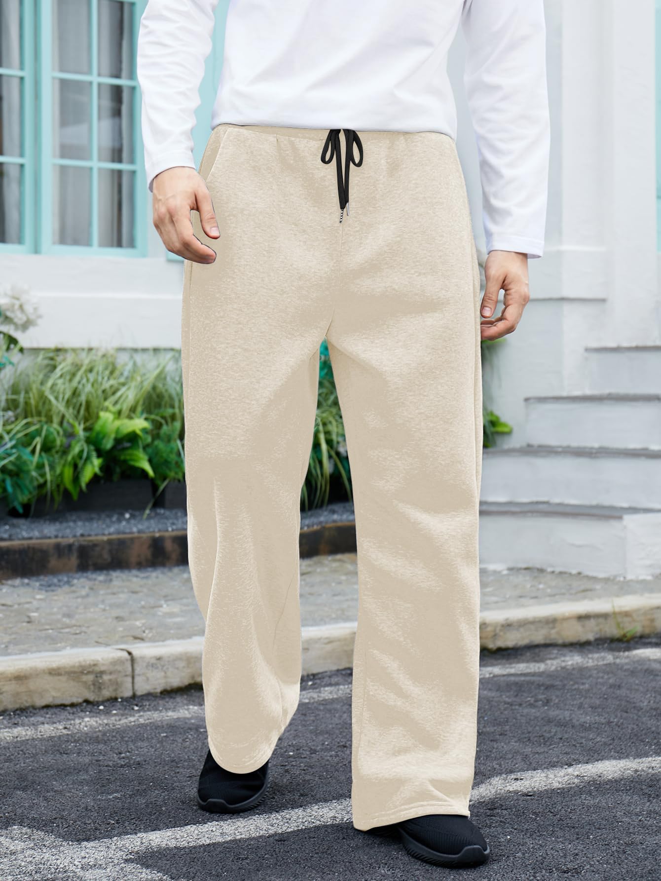 OYOANGLE Men's Drawstring Waist Straight Wide Leg Baggy Pants Workout Athletic Sweatpants with Pocket Grey L