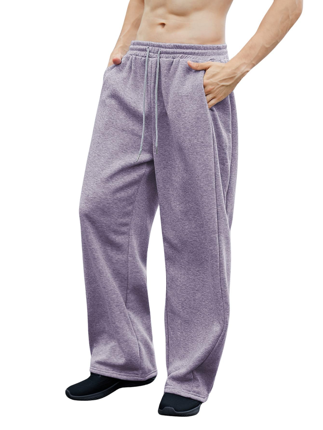 OYOANGLE Men's Drawstring Waist Straight Wide Leg Baggy Pants Workout Athletic Sweatpants with Pocket Grey L