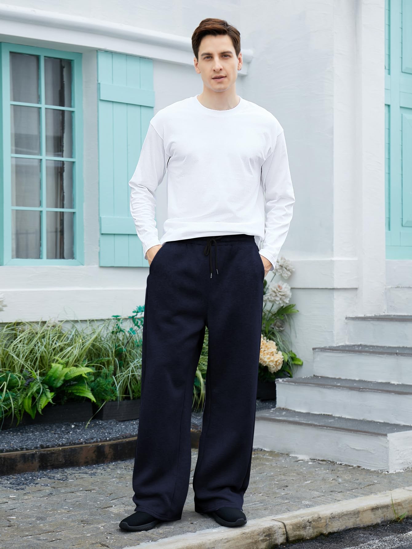OYOANGLE Men's Drawstring Waist Straight Wide Leg Baggy Pants Workout Athletic Sweatpants with Pocket Grey L