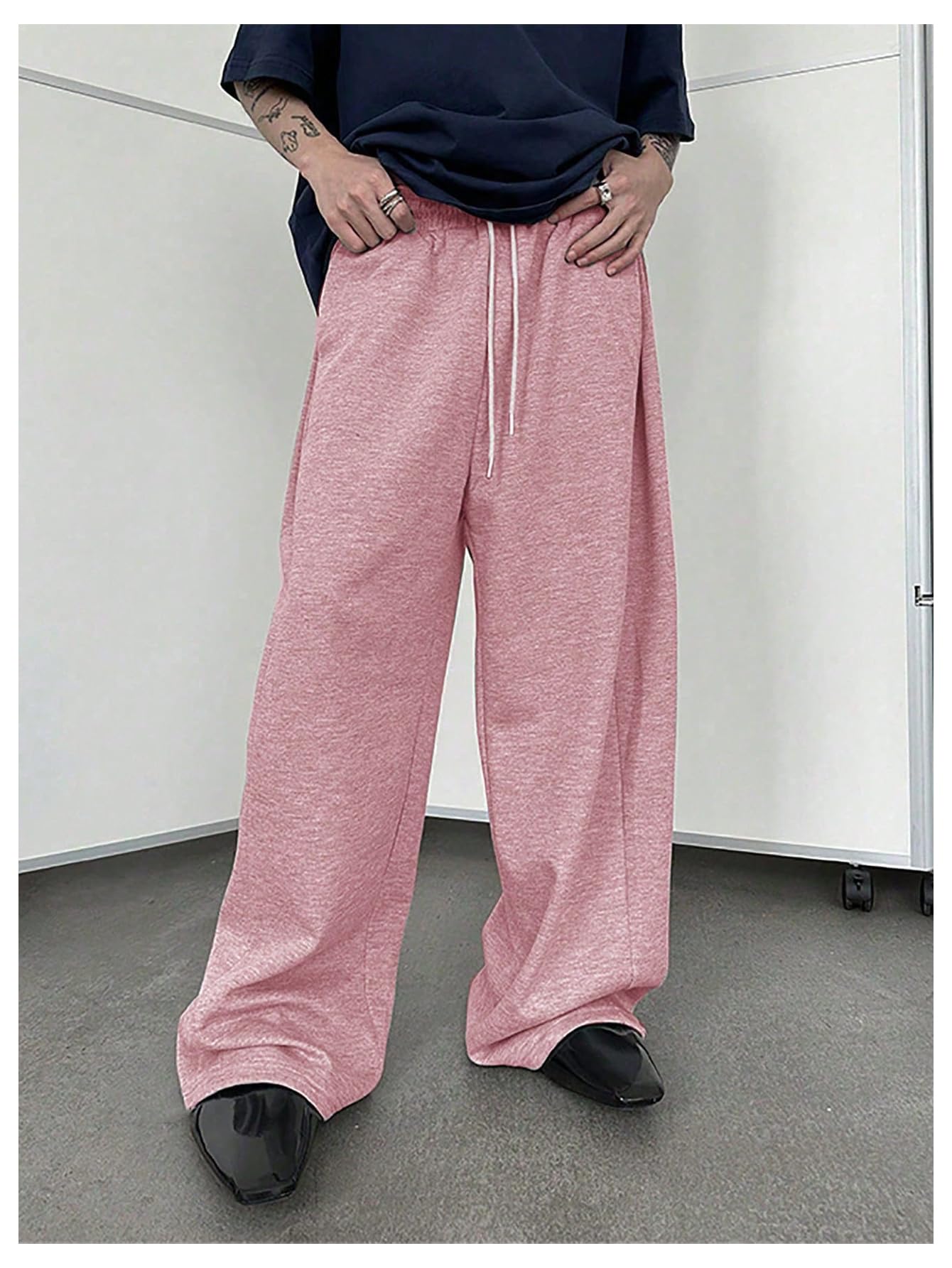 OYOANGLE Men's Drawstring Waist Straight Wide Leg Baggy Pants Workout Athletic Sweatpants with Pocket Grey L