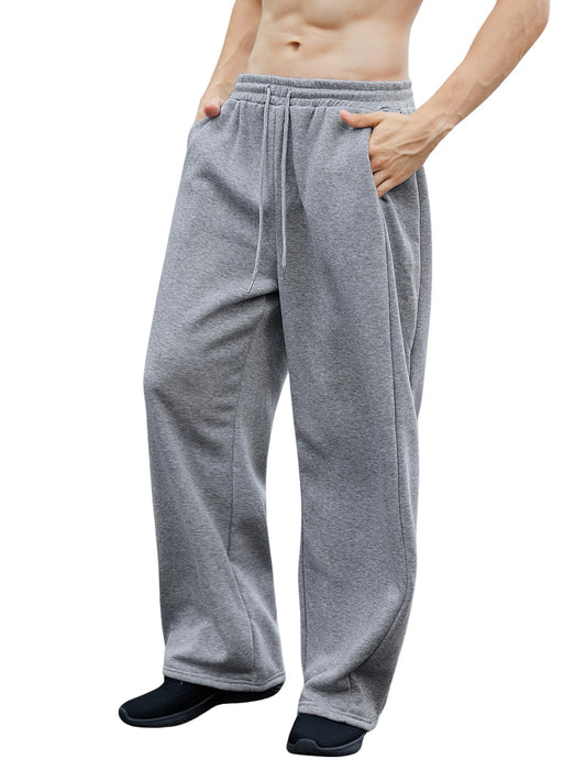 OYOANGLE Men's Drawstring Waist Straight Wide Leg Baggy Pants Workout Athletic Sweatpants with Pocket Grey L