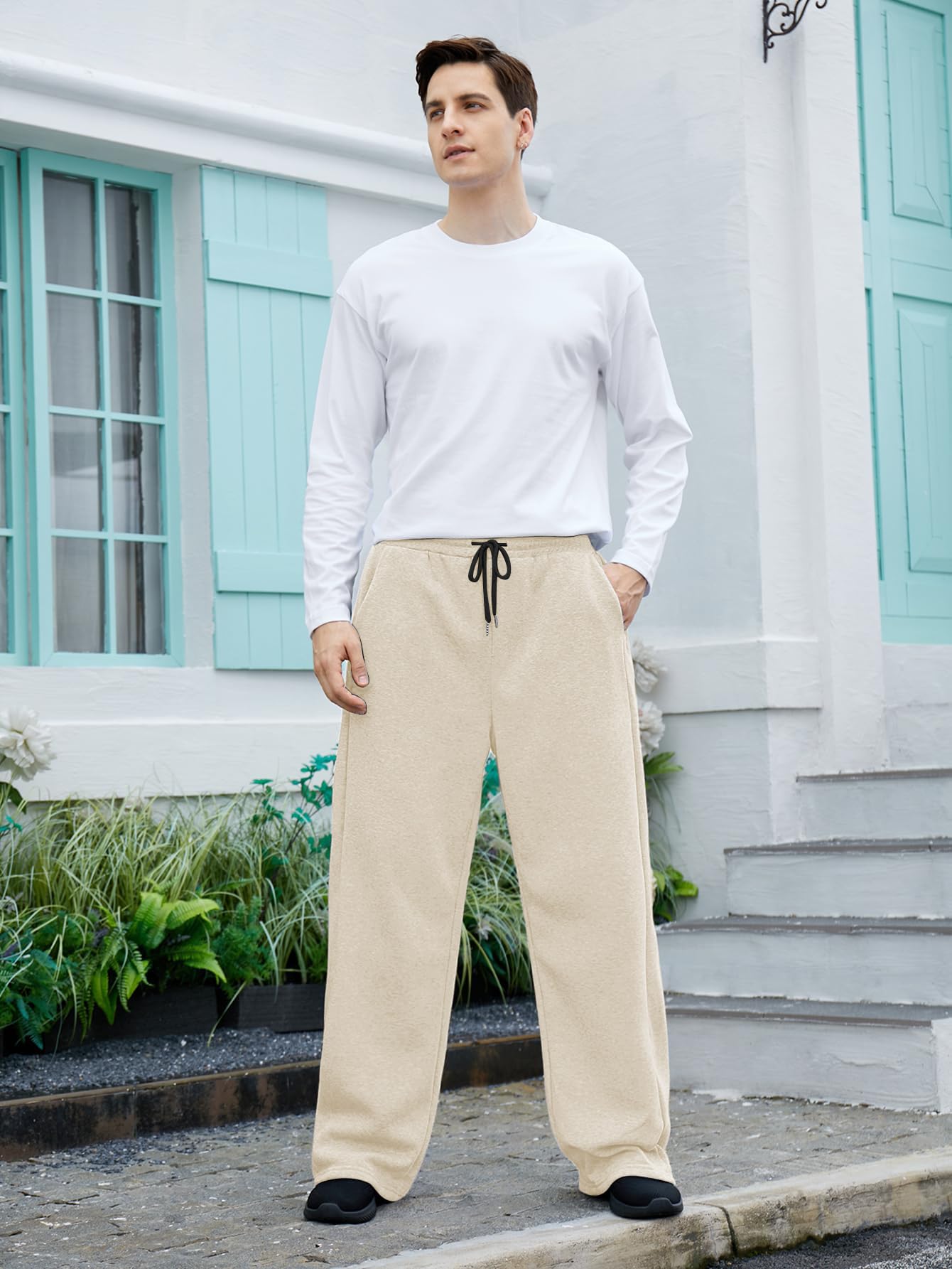 OYOANGLE Men's Drawstring Waist Straight Wide Leg Baggy Pants Workout Athletic Sweatpants with Pocket Grey L
