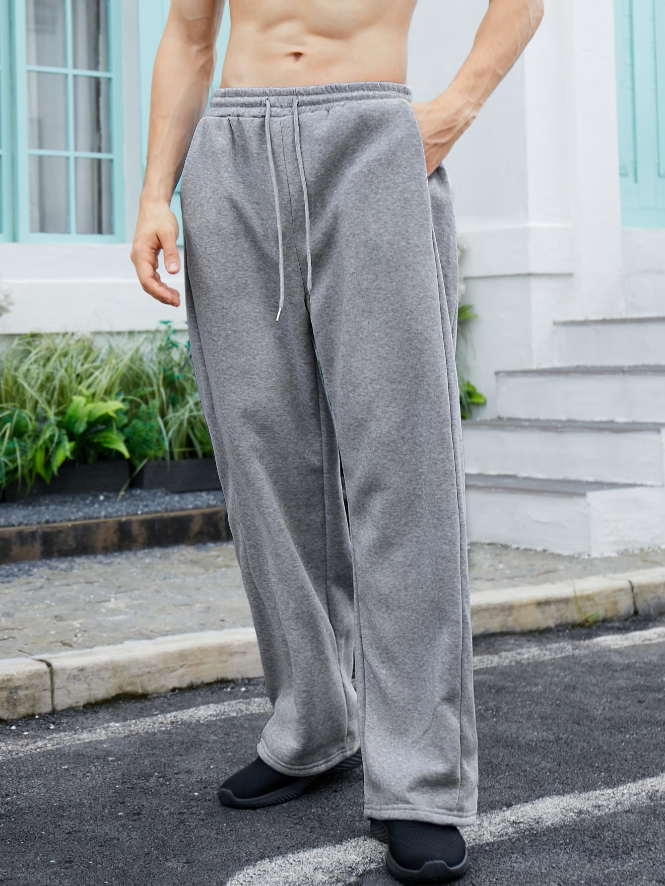OYOANGLE Men's Drawstring Waist Straight Wide Leg Baggy Pants Workout Athletic Sweatpants with Pocket Grey L