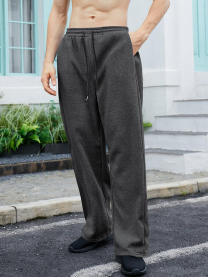 OYOANGLE Men's Drawstring Waist Straight Wide Leg Baggy Pants Workout Athletic Sweatpants with Pocket Grey L
