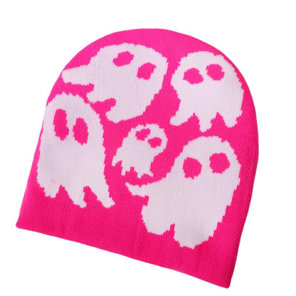 Y2K Beanie for Teenager Halloween Grunge Knitted Skull Cap Ghost Slouchy Emo Crochet Accessories Warm Winter Hat (White)