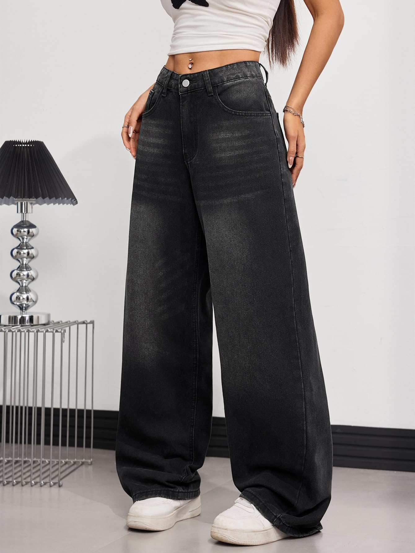 OYICAI Womens Baggy Jeans Wide Leg Denim Pants Y2k 90s Vintage Hip Hop Loose Long Trousers Streetwear High Waist Retro Casual 2000s Oversized Extreme Motion Jinco Skater,H28 Black,Large