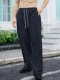 OYOANGLE Men's Drawstring Waist Straight Wide Leg Baggy Pants Workout Athletic Sweatpants with Pocket Grey L