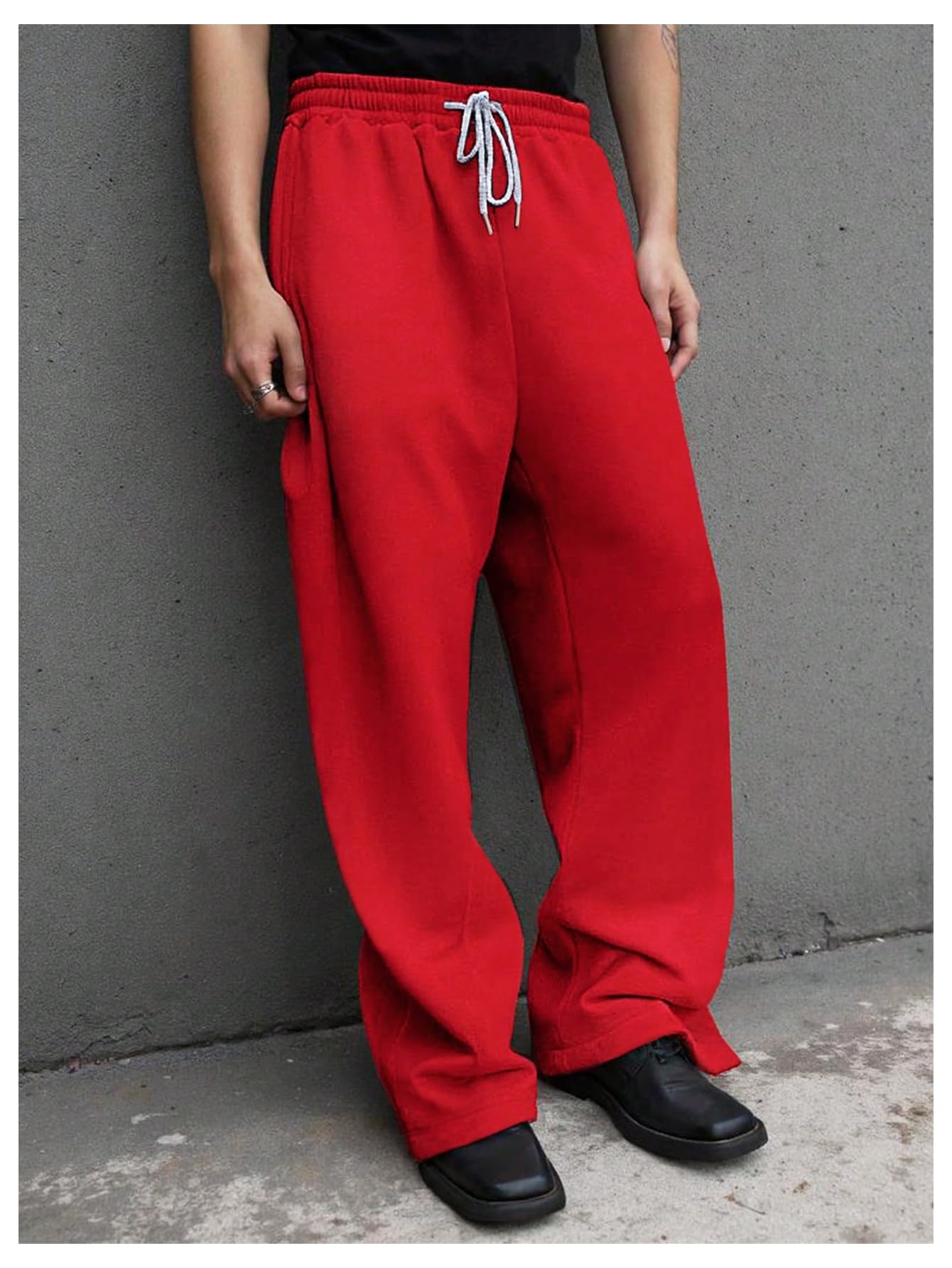 OYOANGLE Men's Drawstring Waist Straight Wide Leg Baggy Pants Workout Athletic Sweatpants with Pocket Grey L
