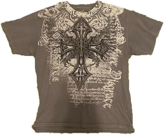 Men's Y2K Vintage T-Shirt Gothic Cross Graphic Print T-Shirt Round Neck Short Sleeve Tops (Medium,Brown)