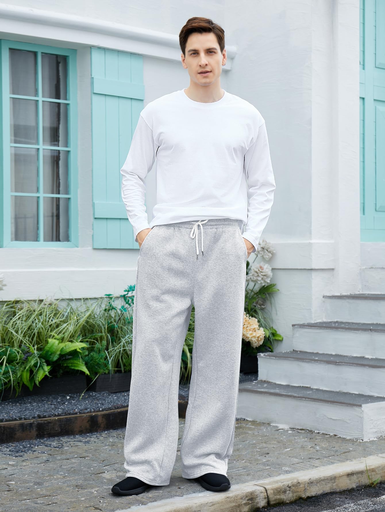 OYOANGLE Men's Drawstring Waist Straight Wide Leg Baggy Pants Workout Athletic Sweatpants with Pocket Grey L