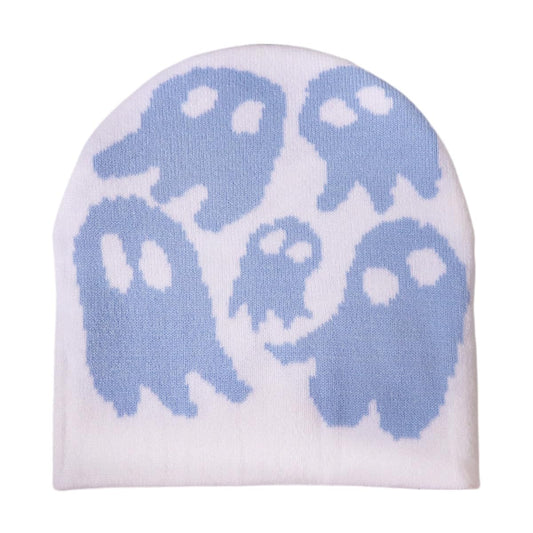 Y2K Beanie for Teenager Halloween Grunge Knitted Skull Cap Ghost Slouchy Emo Crochet Accessories Warm Winter Hat (White)