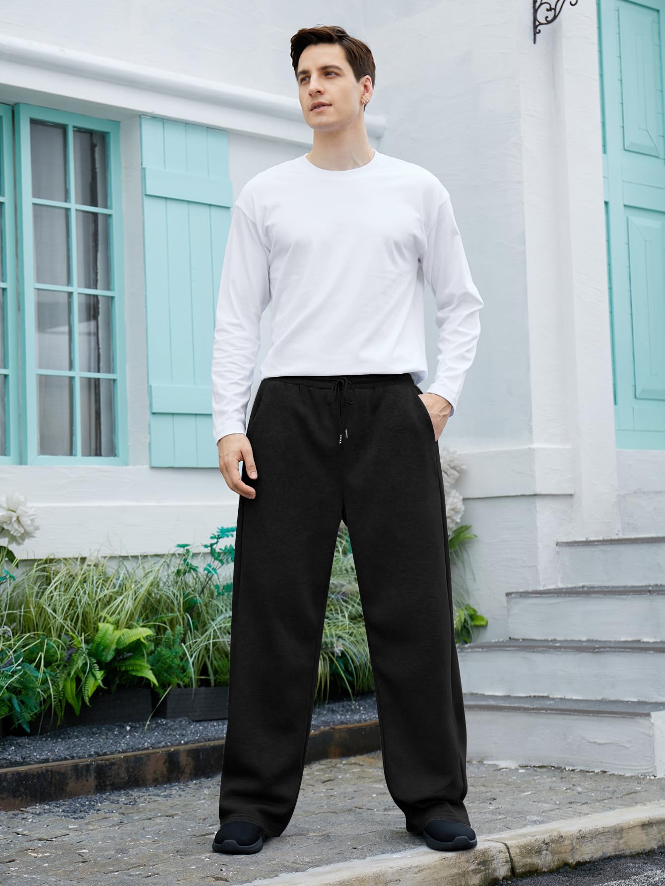 OYOANGLE Men's Drawstring Waist Straight Wide Leg Baggy Pants Workout Athletic Sweatpants with Pocket Grey L