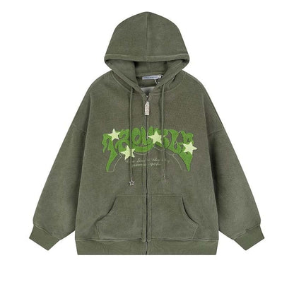 OATSBAS Y2K Zip Up Hoodie for Women Men Letter Print Star Graphic Grunge Hooded Corduroy Sweatshirt Jacket (Medium,Grey)