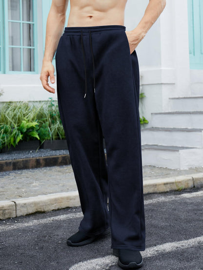 OYOANGLE Men's Drawstring Waist Straight Wide Leg Baggy Pants Workout Athletic Sweatpants with Pocket Grey L