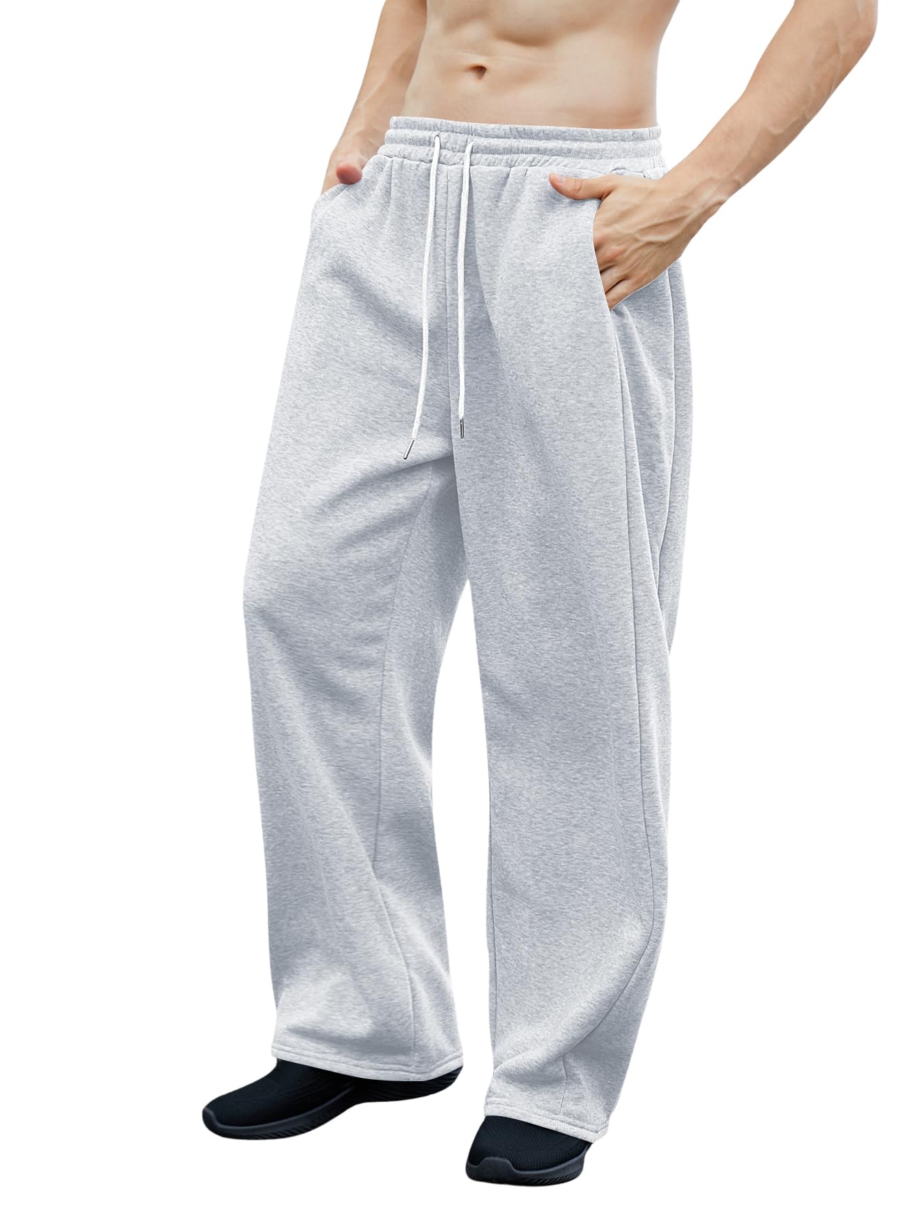 OYOANGLE Men's Drawstring Waist Straight Wide Leg Baggy Pants Workout Athletic Sweatpants with Pocket Grey L
