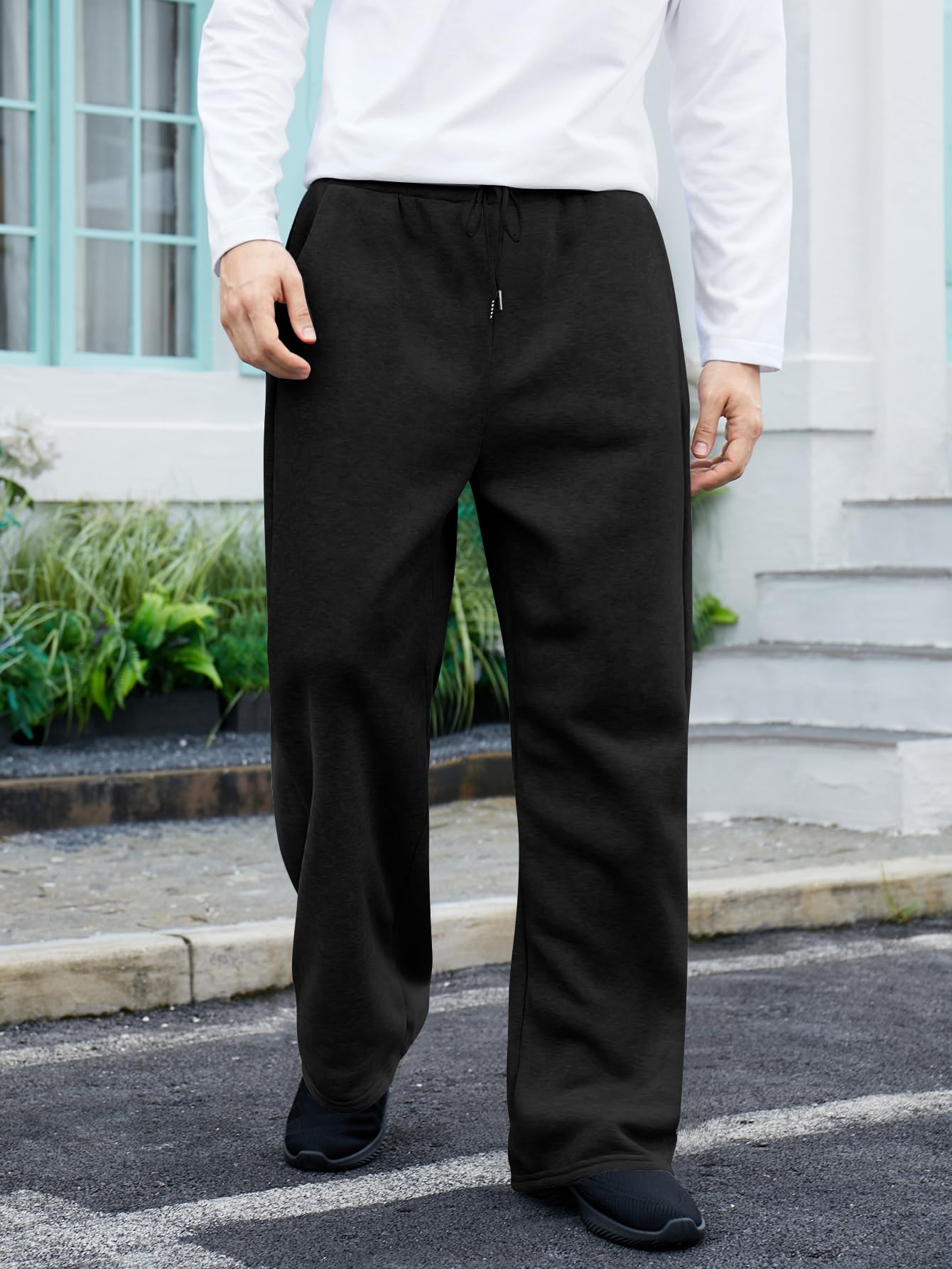 OYOANGLE Men's Drawstring Waist Straight Wide Leg Baggy Pants Workout Athletic Sweatpants with Pocket Grey L