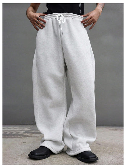 OYOANGLE Men's Drawstring Waist Straight Wide Leg Baggy Pants Workout Athletic Sweatpants with Pocket Grey L