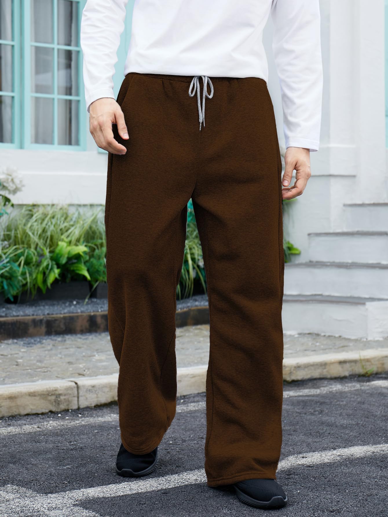 OYOANGLE Men's Drawstring Waist Straight Wide Leg Baggy Pants Workout Athletic Sweatpants with Pocket Grey L