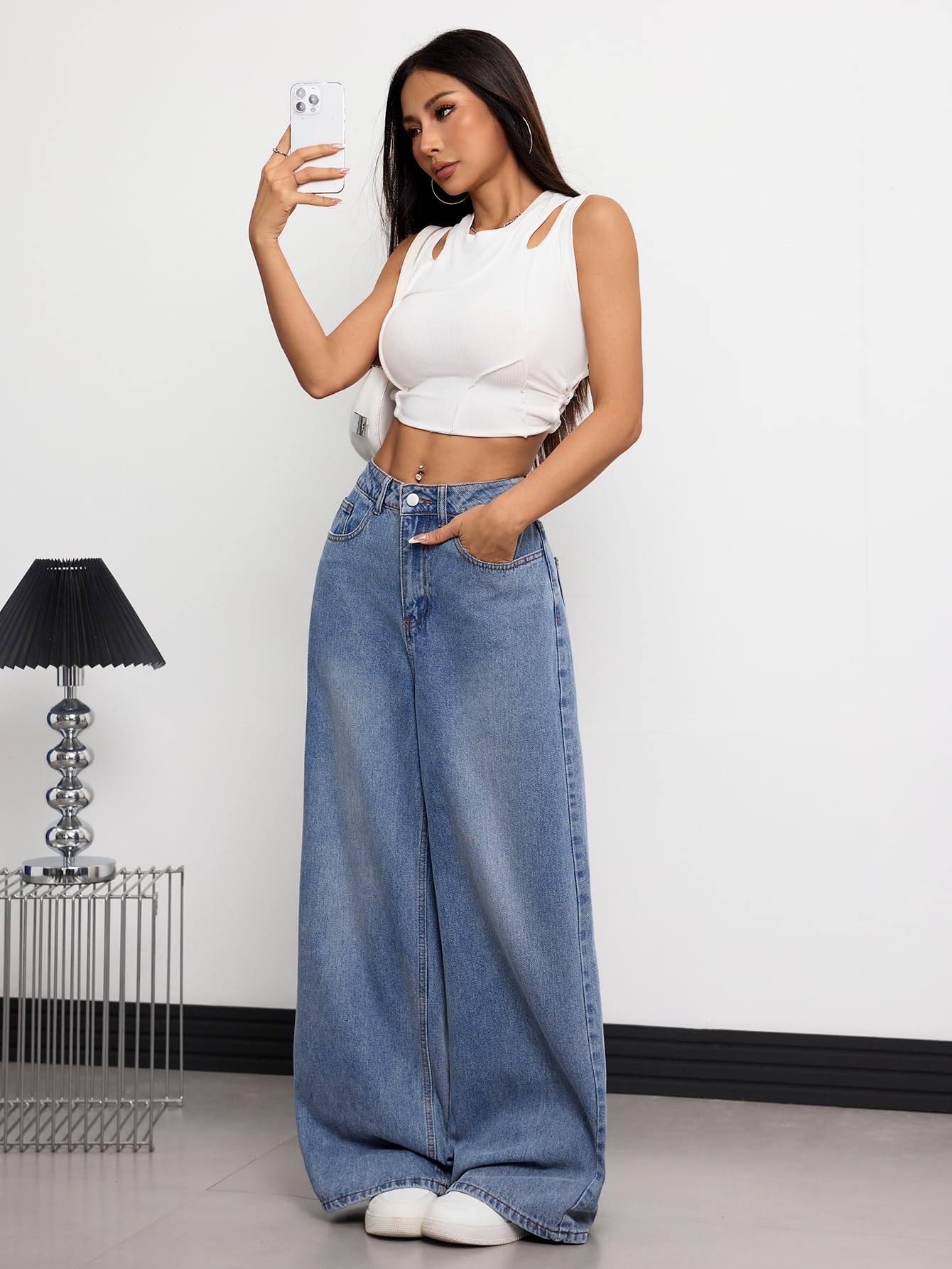 OYICAI Womens Baggy Jeans Wide Leg Denim Pants Y2k 90s Vintage Hip Hop Loose Long Trousers Streetwear High Waist Retro Casual 2000s Oversized Extreme Motion Jinco Skater,H28 Black,Large