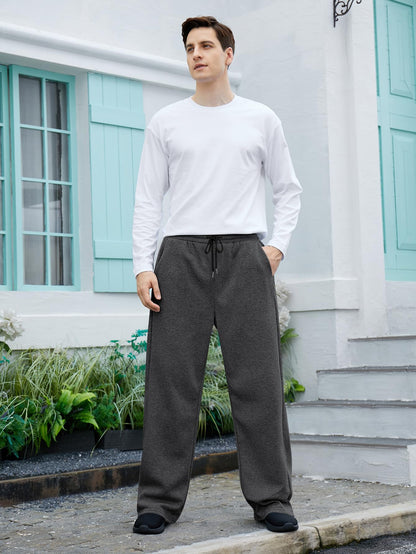 OYOANGLE Men's Drawstring Waist Straight Wide Leg Baggy Pants Workout Athletic Sweatpants with Pocket Grey L