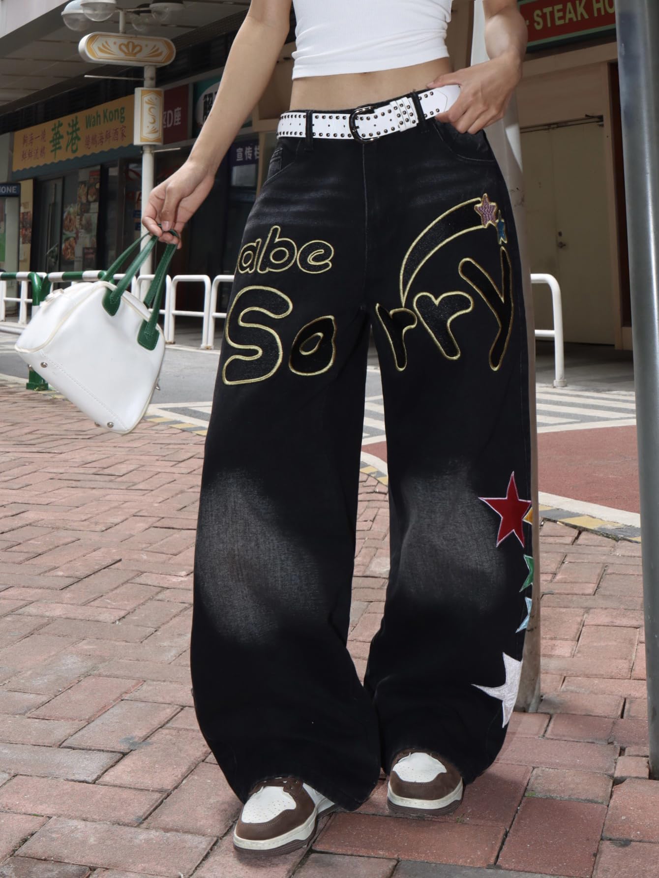 OYICAI Womens Baggy Jeans Wide Leg Denim Pants Y2k 90s Vintage Hip Hop Loose Long Trousers Streetwear High Waist Retro Casual 2000s Oversized Extreme Motion Jinco Skater,H28 Black,Large