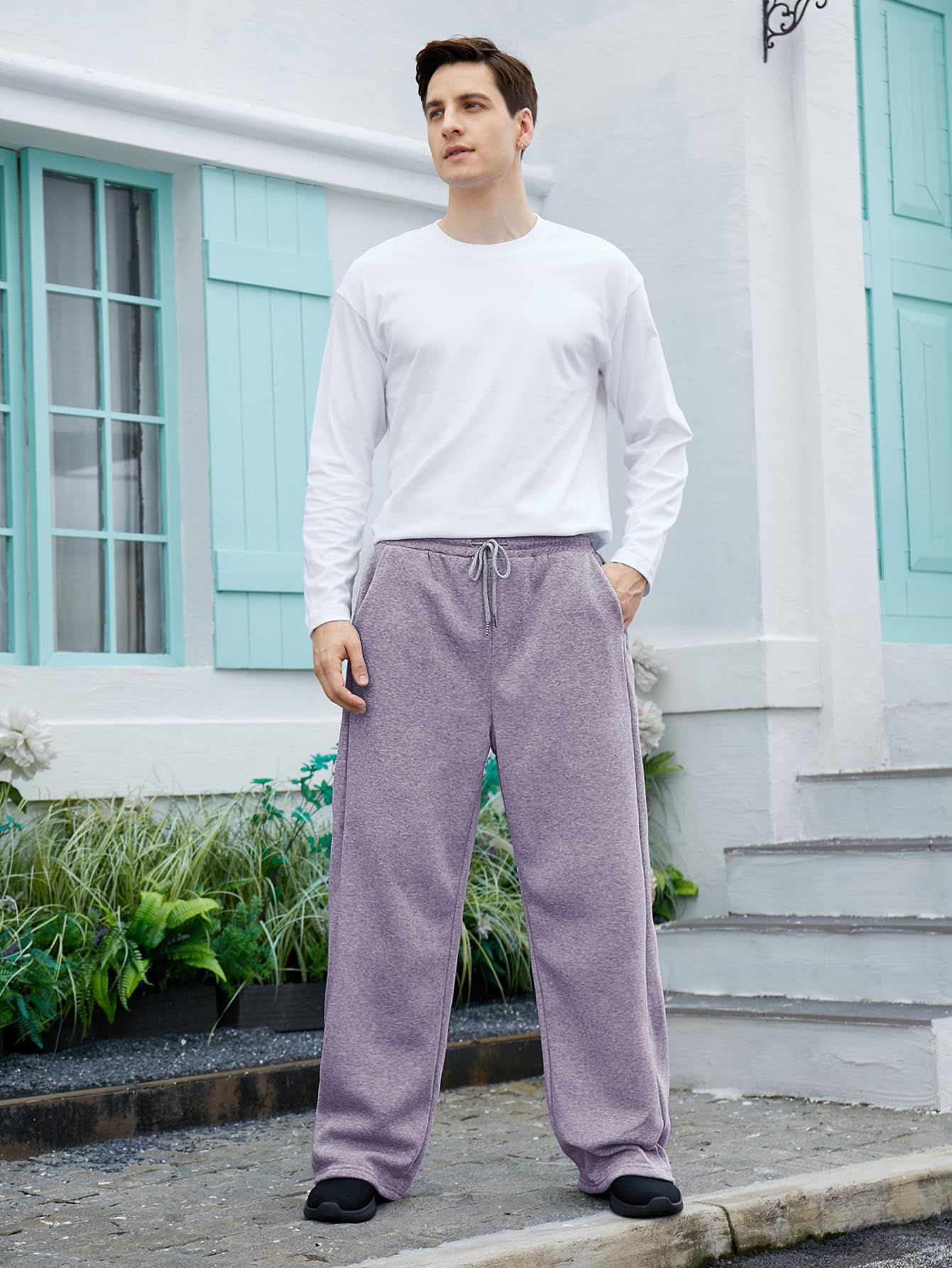OYOANGLE Men's Drawstring Waist Straight Wide Leg Baggy Pants Workout Athletic Sweatpants with Pocket Grey L