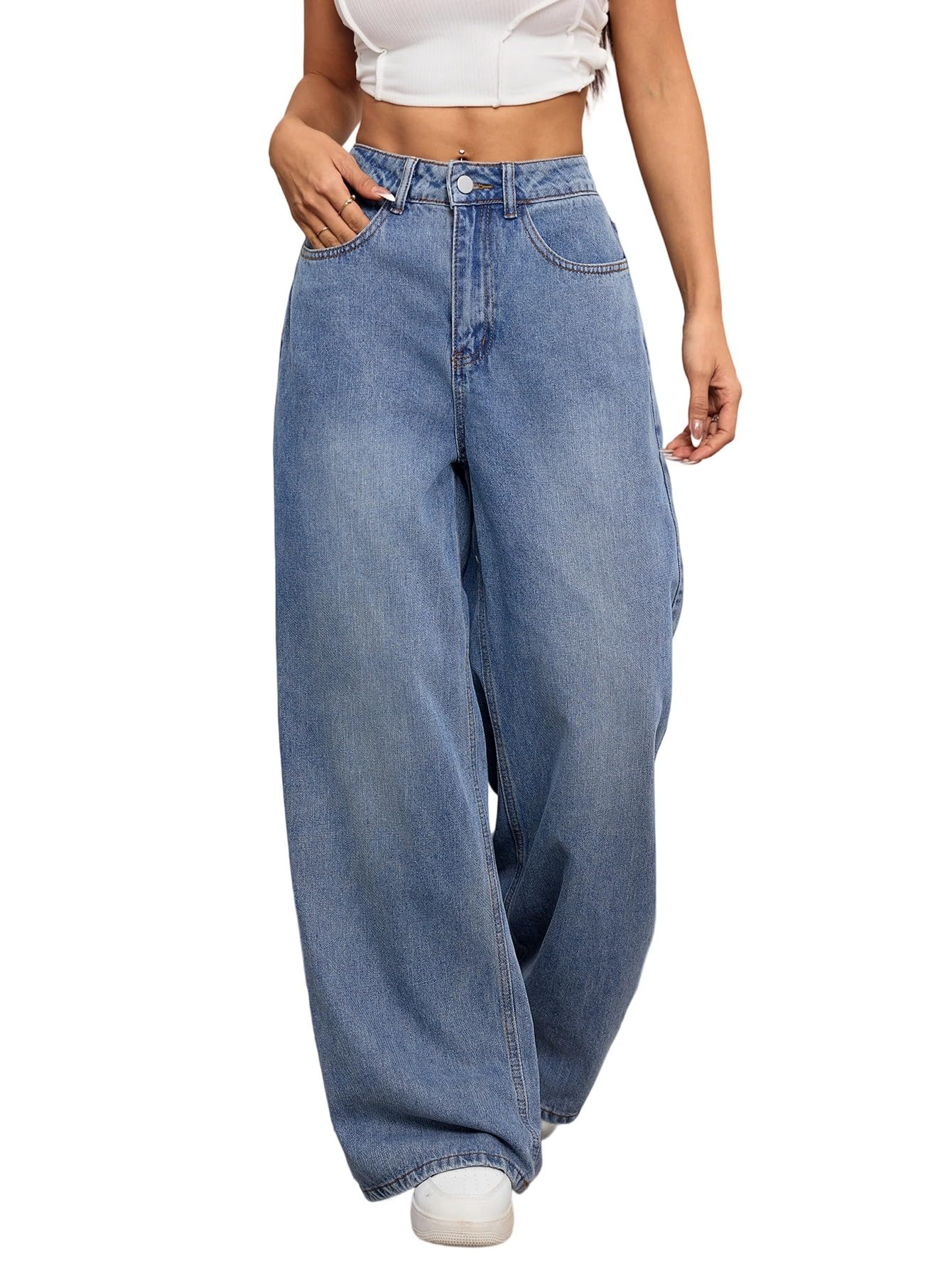 OYICAI Womens Baggy Jeans Wide Leg Denim Pants Y2k 90s Vintage Hip Hop Loose Long Trousers Streetwear High Waist Retro Casual 2000s Oversized Extreme Motion Jinco Skater,H28 Black,Large