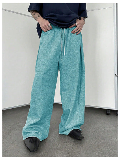OYOANGLE Men's Drawstring Waist Straight Wide Leg Baggy Pants Workout Athletic Sweatpants with Pocket Grey L