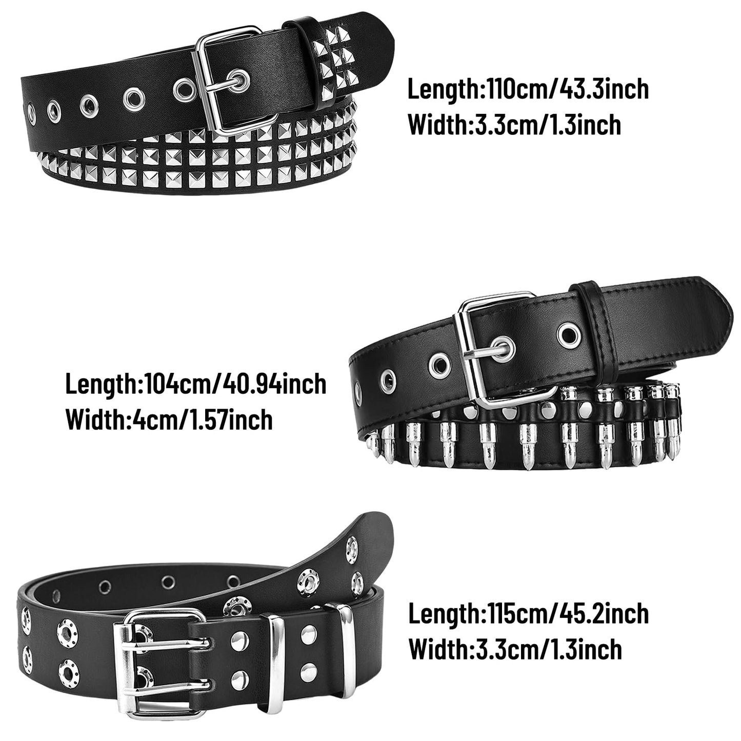 AEXHOT Black Studded Belt Y2K Belt 3 PCS Cool Belts Gothic Punk Rock Belt with Grommet Threads Bright Metal Pyramid for Women Men
