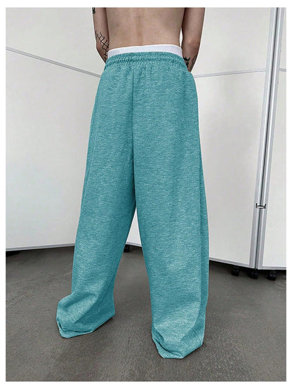 OYOANGLE Men's Drawstring Waist Straight Wide Leg Baggy Pants Workout Athletic Sweatpants with Pocket Grey L