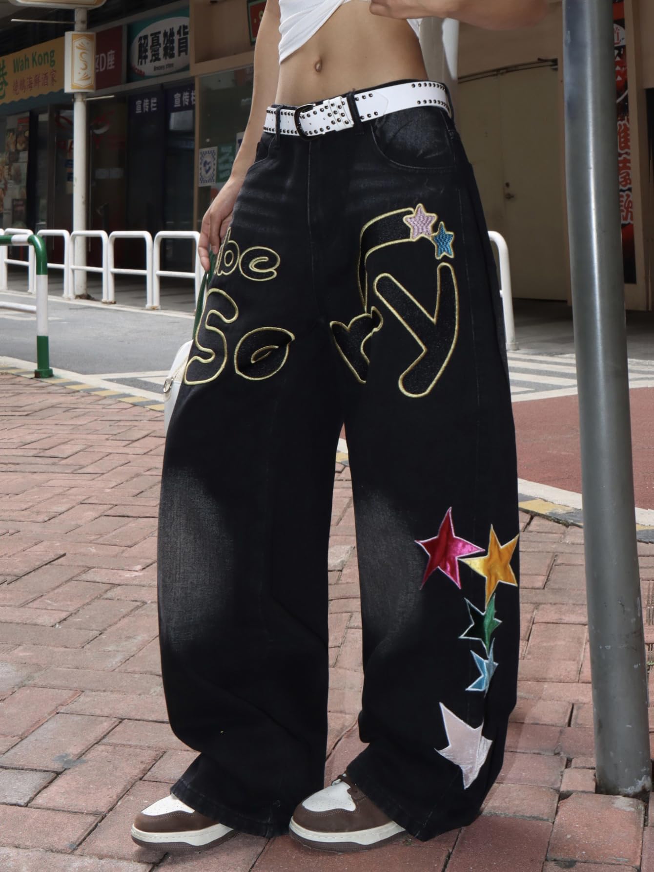 OYICAI Womens Baggy Jeans Wide Leg Denim Pants Y2k 90s Vintage Hip Hop Loose Long Trousers Streetwear High Waist Retro Casual 2000s Oversized Extreme Motion Jinco Skater,H28 Black,Large