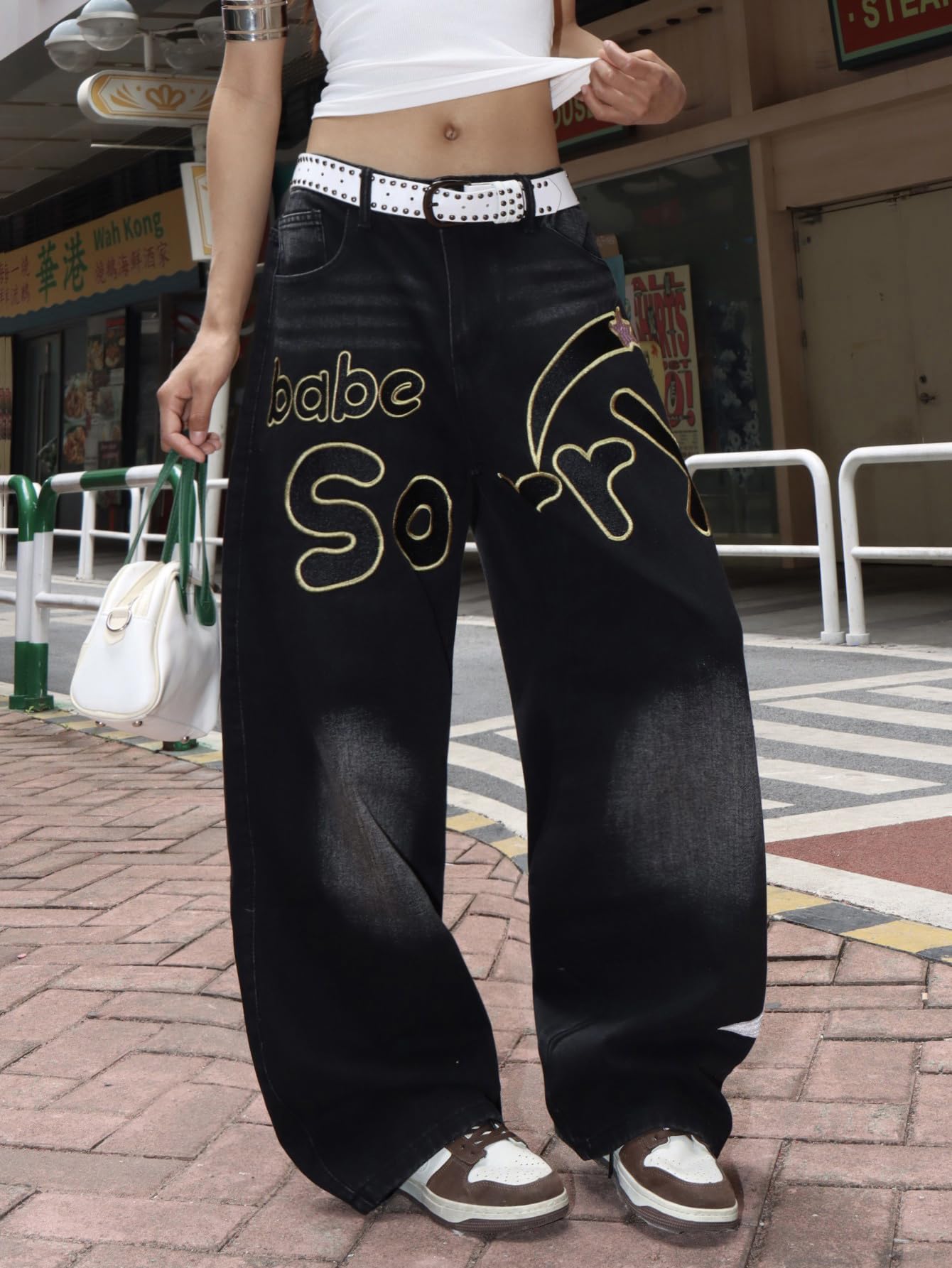 OYICAI Womens Baggy Jeans Wide Leg Denim Pants Y2k 90s Vintage Hip Hop Loose Long Trousers Streetwear High Waist Retro Casual 2000s Oversized Extreme Motion Jinco Skater,H28 Black,Large